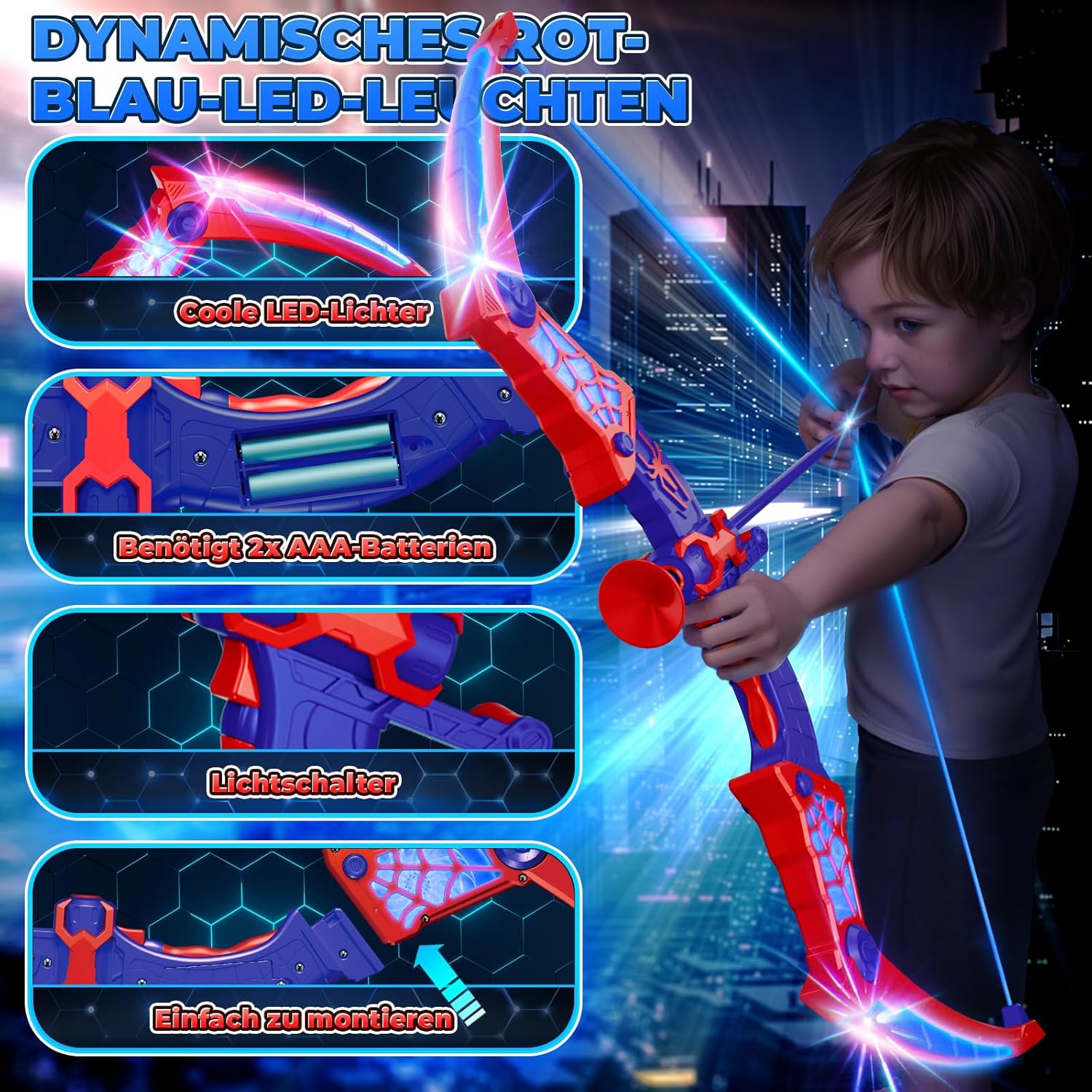 Toy from 3-12 years, boy, arrow bow toy with red and blue LED lights, quiver and net target, gift boy 3-12 years gift ideas, children's toy, garden, outdoor games for children – Bild 3
