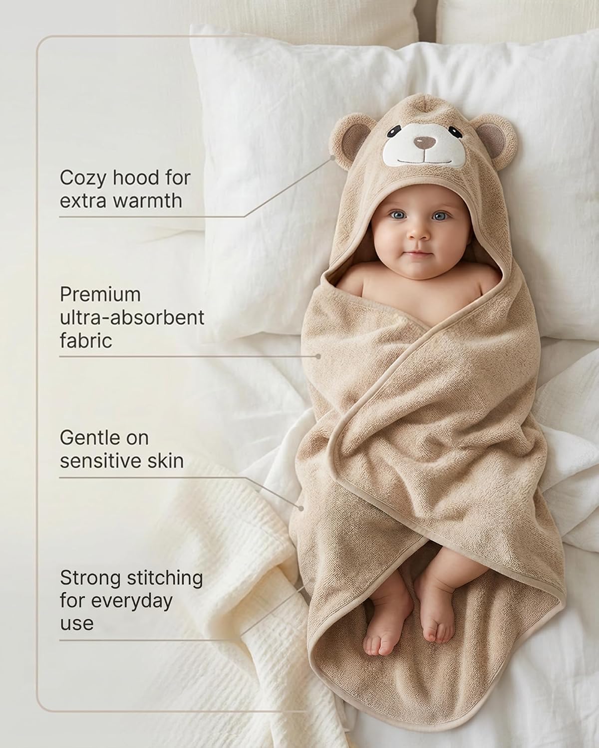 MINIBOO Bamboo Hooded Towel Baby - Soft, Absorbent Baby Bath Towel with Hood for Newborns, Toddlers and Children - Hypoallergenic Baby Towel – Bild 6