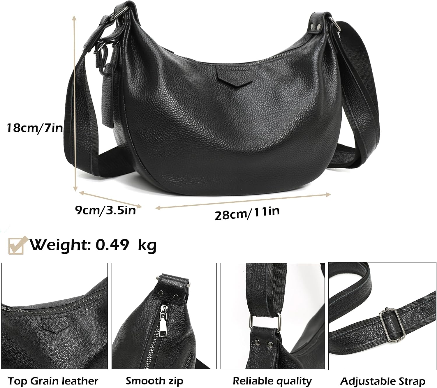 Micmores Genuine Leather Shoulder Bag Women's Medium Crossbody Bag Women's Handbag with Adjustable Shoulder Strap, Fashion Shoulder Bag, Crescent Moon Bag for Work, Travel, Daily Life – Bild 5
