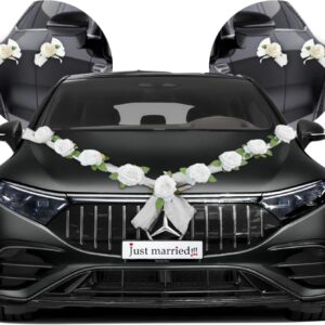 Car Decoration Wedding Bonnet – 2 x 180 cm Silk Flowers Garland White with Suction Cups & 4 Door Flowers – Bridal Car Decoration Set for Door Handles