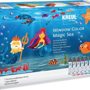 KREUL Magic Sea 42940 Window Colour Set for Children, 7 x 29 ml Window Paints, Complete Set with Brilliant Colours in Pen and Design Templates