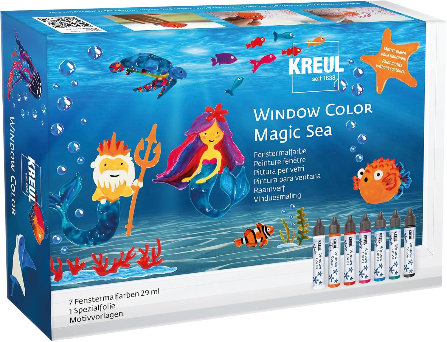 KREUL Magic Sea 42940 Window Colour Set for Children, 7 x 29 ml Window Paints, Complete Set with Brilliant Colours in Pen and Design Templates
