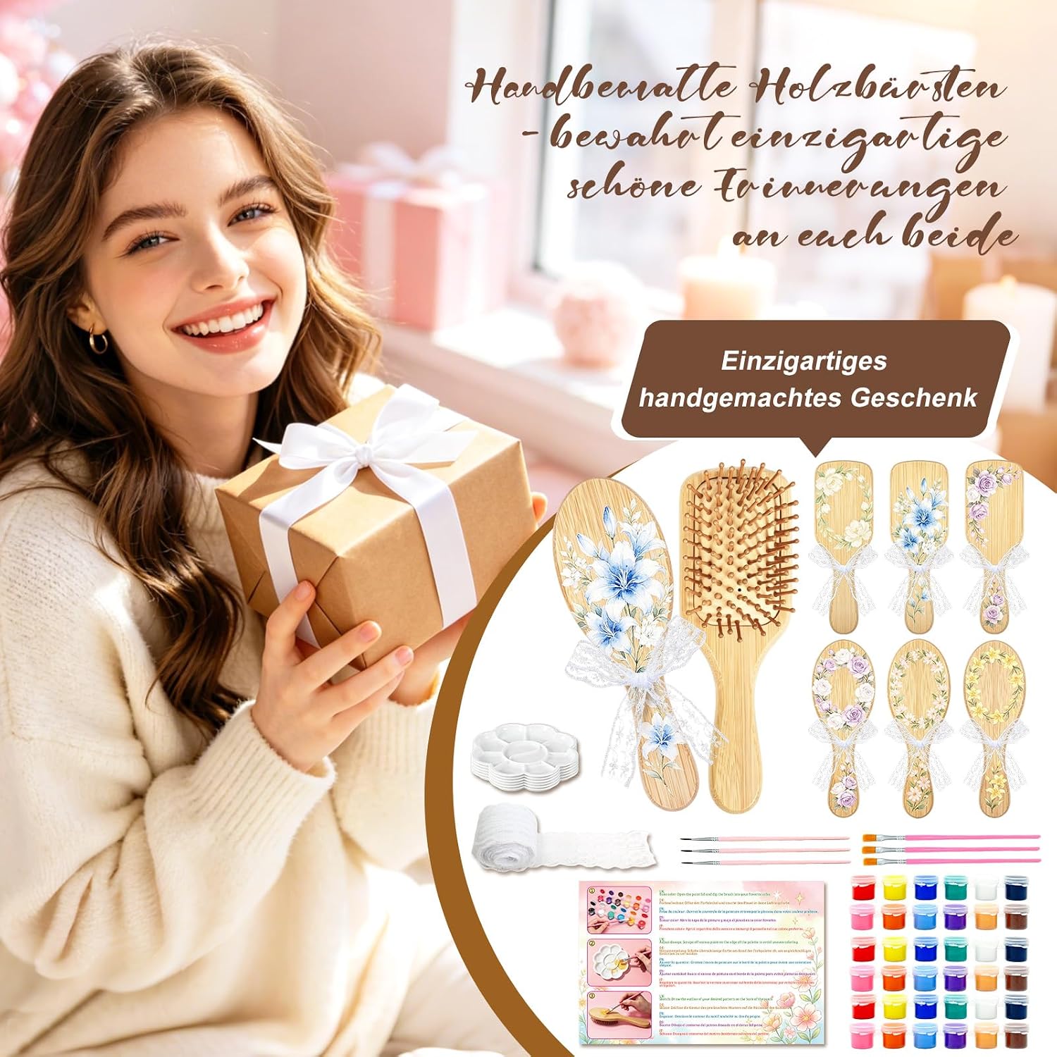 DIY Bamboo Hair Brush, 26 Hair Brushes, DIY Hair Brush for Painting, with 6 Hair Combs, 6 Brushes, 6 Pigments, 6 Palettes, Lace Ribbon for DIY Gift, Wedding Gift – Bild 6
