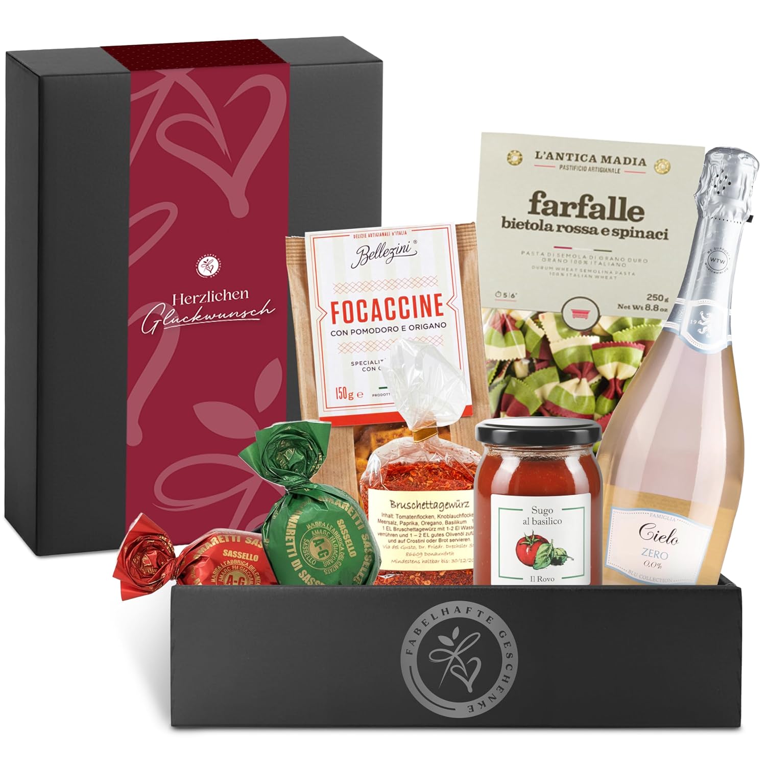 Italia Gift Basket with SPUMANTE ZERO Alcohol-free and Italian Delicatessen Gift Basket without Alcohol for Men and Women for Birthday, Christmas, Wedding ("Herzlichen Glückwunsch" Banderole)