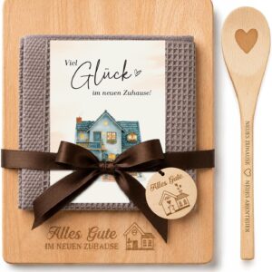 Giftota Housewarming Gifts – New Home Gift with Engraved Wooden Chopping Board, Cotton Kitchen Towel & Cooking Spoon Heart – House Warming, Home & Topping Out Party Gift
