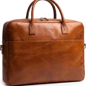 SID & VAIN Large Laptop Bag Genuine Leather – 15 Inch Laptop Business Bag CEDAR Large Briefcase with Shoulder Strap – Work Bag Men and Women Brown Handmade