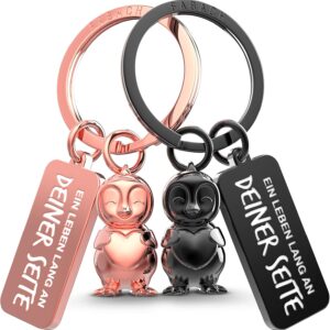 FABACH Keyring for Couples – 2 Penguins Frosty with Heart – Lucky Charm Girlfriend – Partner Love Keyring Anniversary Gifts Valentine’s Day Black & Rose Gold