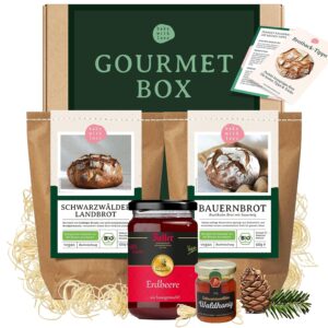 Gourmet Gift Basket for Gourmets – Gift Box with 2 Bread Baking Mixes, Jam & Honey – Delicatessen Gift Basket for Birthday, Housewarming or as a Thank You – Bake with Love