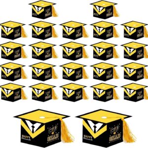 Pack of 24 Graduation Hat Gift Box Black Yellow Gift Graduation School to Fill Graduation Decoration for Graduation Bachelor Master Graduation Party Candy Box with Tassels for Sweets
