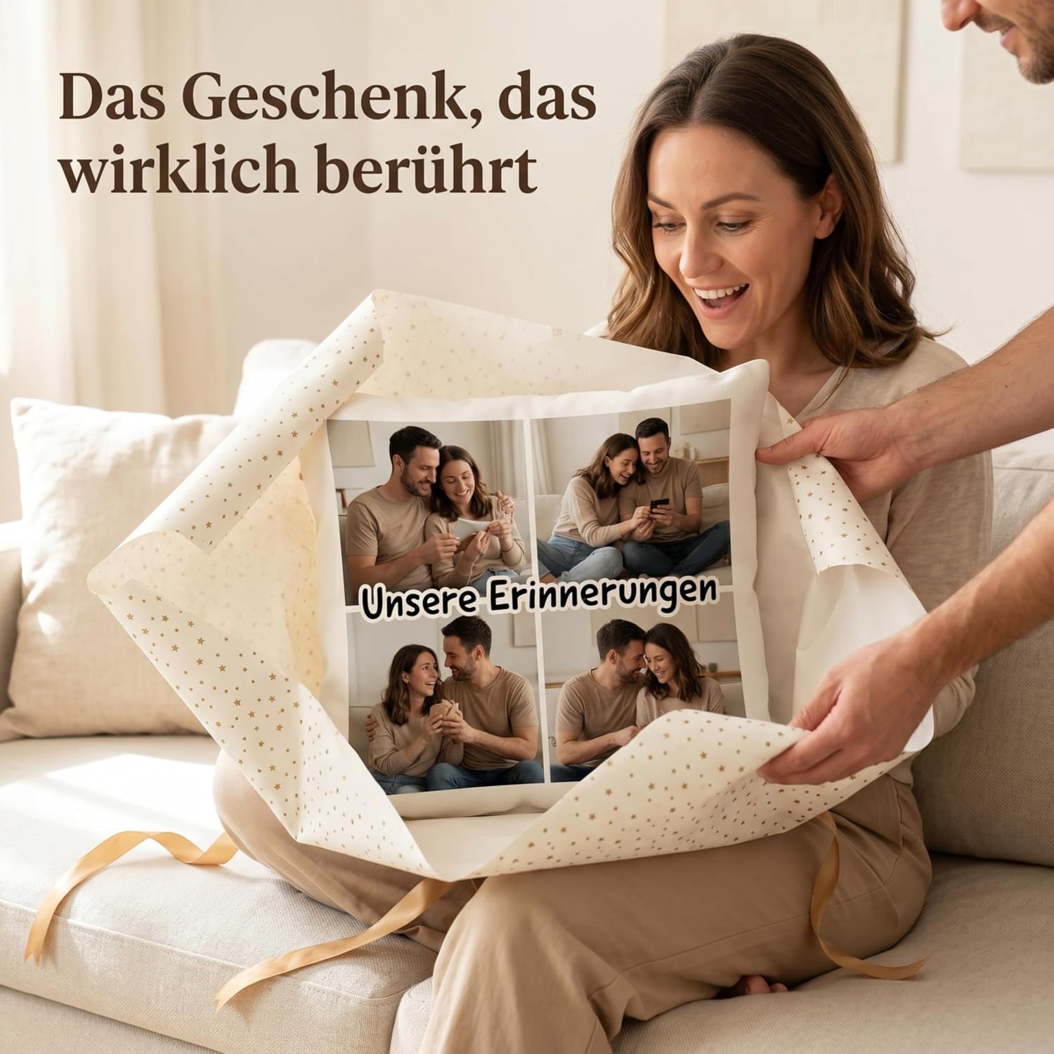 LOOXIS Photo Cushion Personalised with 4 Photos & Desired Text - 40 x 40 cm Collage Cushion Including Filling - Personal Gift Birthday Mother's Day Father's Day Anniversary Christmas - 4 Collage – Bild 2