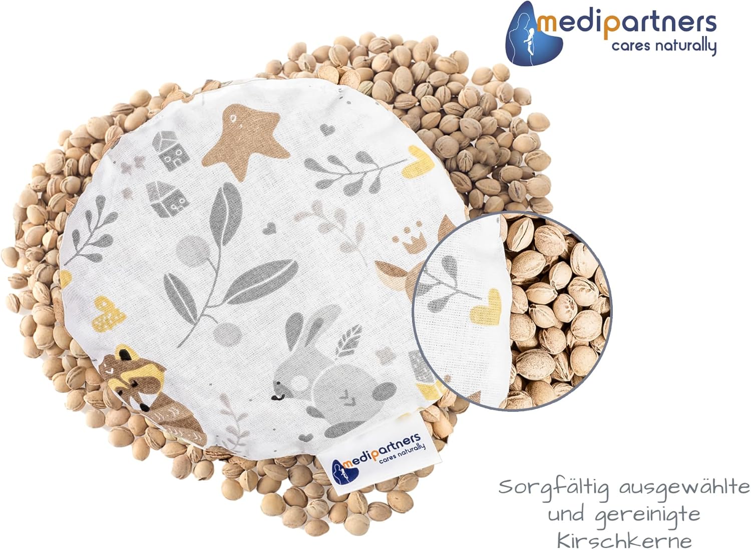Medi Partners Cherry Stone Pillow Microwave for Babies 180 g Round 15 cm Grain Cushion Heat Cushion 100% Cotton Eco Natural Cherry Stone Cushion Heat + Cold Therapy Massage Therapy (Deer) – Bild 4