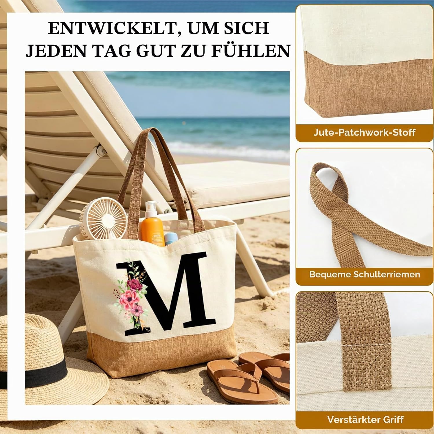 Personalised Initials Jute Bag for Women, Large Beach Bag with Letter and Flowers, Jute Shopper Bag, Women's Fabric Bag, Gifts for Women, Mum, Colleague, Girlfriend for Birthday, Wedding – Bild 5