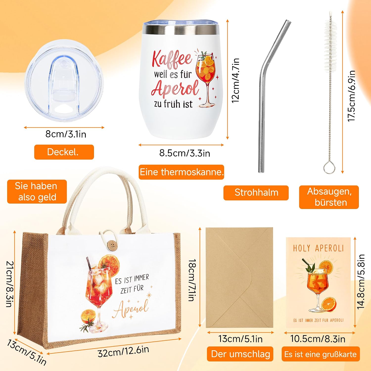 3 Piece Splash Gift Set for Aperitif, Stainless Steel Wine Tumbler 350ml with Lid & Straw, XXL Jute Beach/Gift Bag 32×22×13cm, Premium Birthday Card - Summer, Party, Girlfriend, Women – Bild 7
