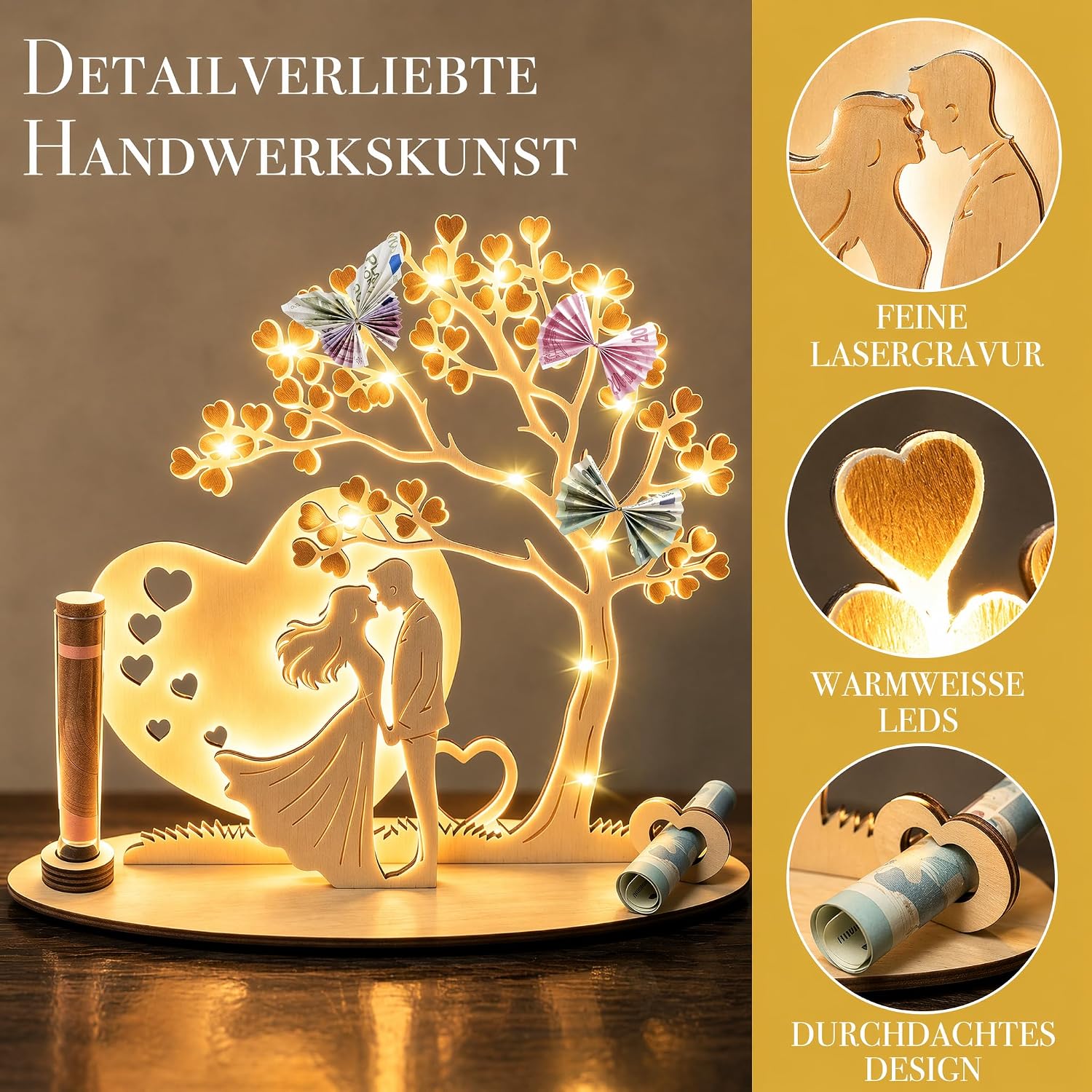 Money Gift Wedding Wooden with LED Fairy Lights, Wedding Gifts for Bride and Groom, Money Packaging, Heart-Shaped Romantic Gift for Wedding, Anniversary, Bride and Groom, Anniversary Gift for Him Her – Bild 2
