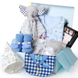 vamei Baby Gift Boys, Newborn Gift Baby Gifts for Birth Boy Girl with Romper Blanket Cuddle Cloth Baby Book Bib Socks Greeting Cards Baby Shower Party
