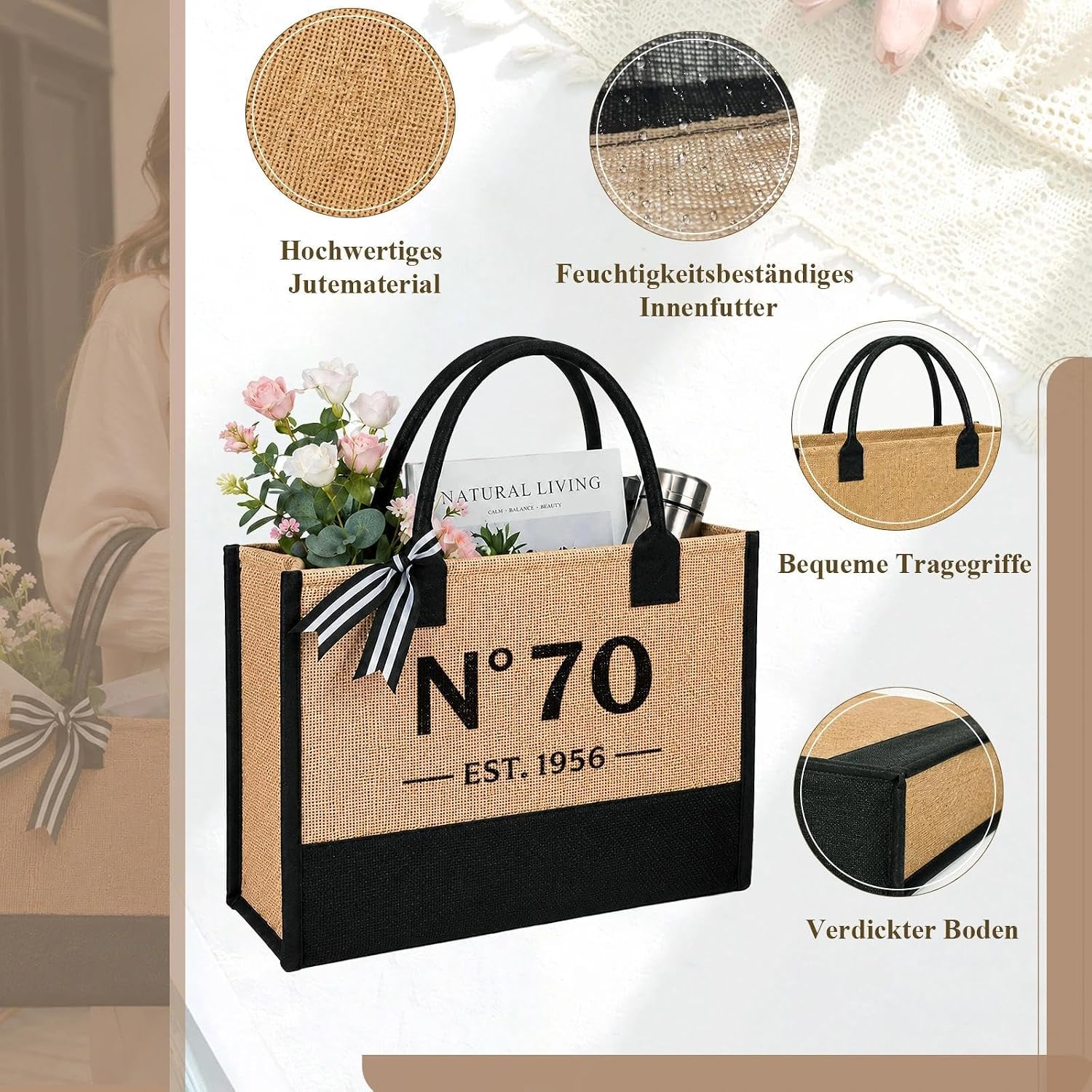 Birthday Gift Woman 40 50 60 70-2-Piece Vintage Jute Bag Set, Shopping Bag and Cosmetic Bag Set, Birthday Gifts for Women, Gift for Mum, Wife – Bild 5