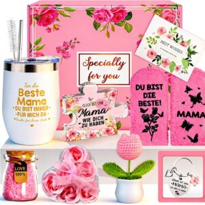 Gifts for Mum, Birthday Gift for Mum, Mother’s Day Gift for Mother, Best Mum Gift, Thermal Mug with Straw and Brush, Socks Keyring Bath Salt Crochet Gift Set
