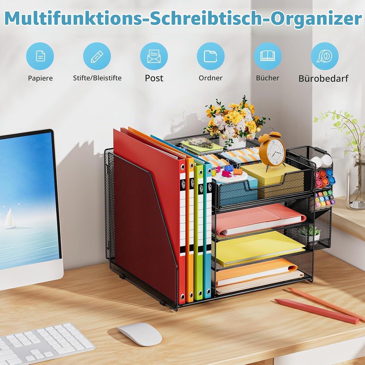 Marbrasse Desk Organiser with File Holder, 4-Tier Letter Tray Storage Compartments, Compartment Drawers, Hanging Pen Holder, Mesh Desk Paper Shelf for Home, Office, Supplies, Document Tray (Black) – Bild 8