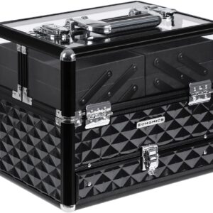 SONGMICS JBC318B Professional Cosmetics Case, Multi-Tiered Cosmetic Storage Case, Transparent Acrylic Glass, Folding Compartments, XL