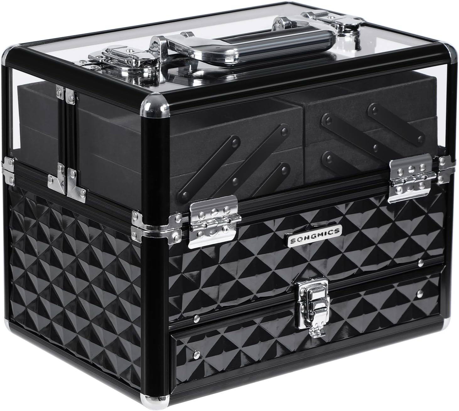 SONGMICS JBC318B Professional Cosmetics Case, Multi-Tiered Cosmetic Storage Case, Transparent Acrylic Glass, Folding Compartments, XL