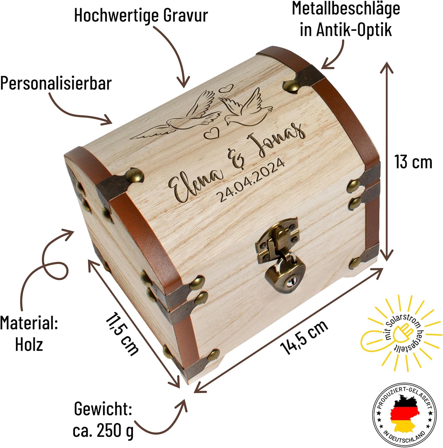 True Statements Personalised Treasure Chest with Engraving & Lock - Wedding Gift for Bride and Groom - Money Gift Packaging Wedding - Memory Box Treasure Chest - Wood, 14.5 x 11.5 x 13 cm – Bild 2