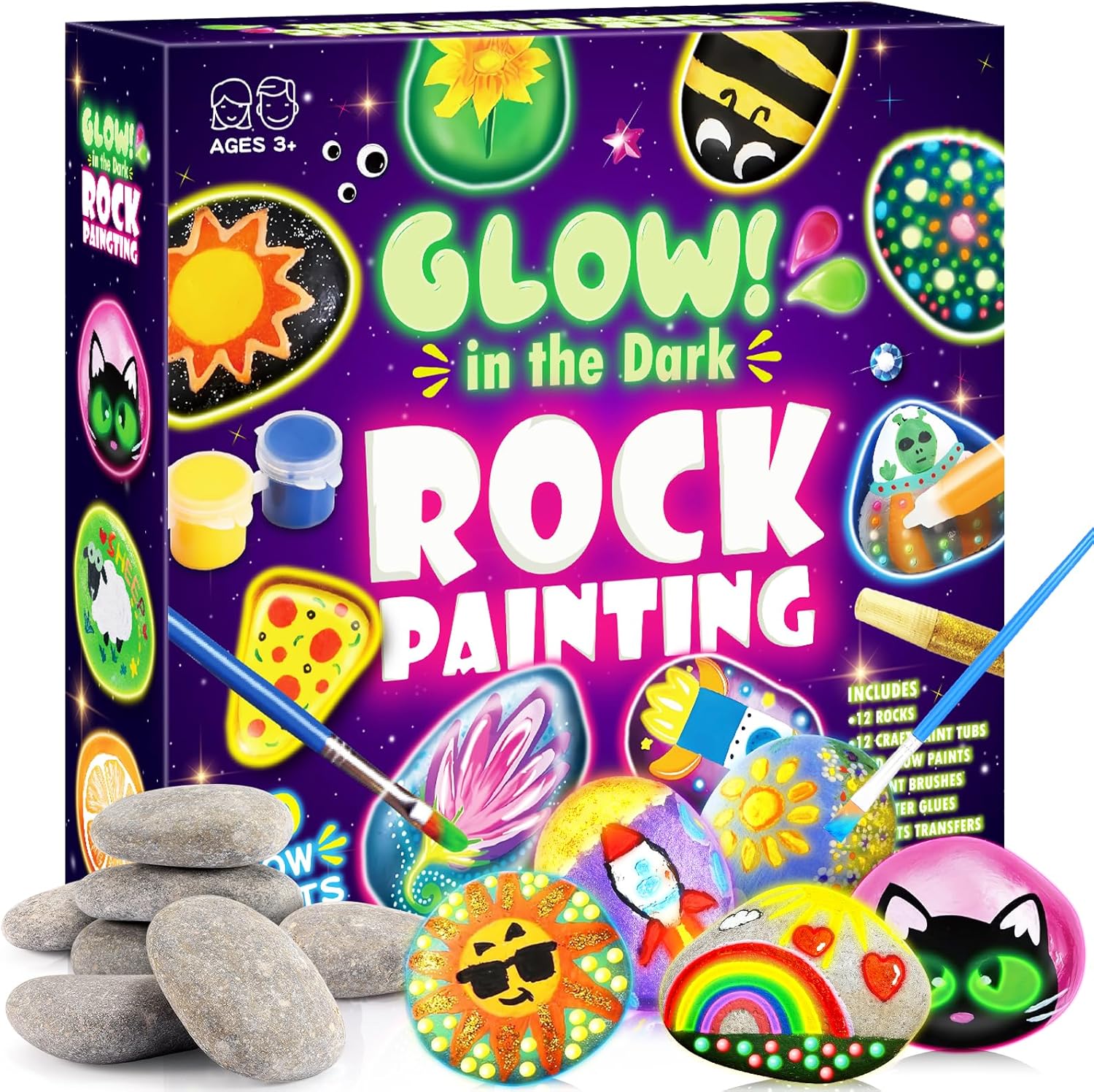 Stones for Painting, Craft Set Children from 5 6 7 8 9 10 Years Gift Girls 6-12 Years Crafts Girls 6-9 Years Easter Gift 12 Pieces Stones Painting Set with 20 Colours (Colour Glows in the Dark)