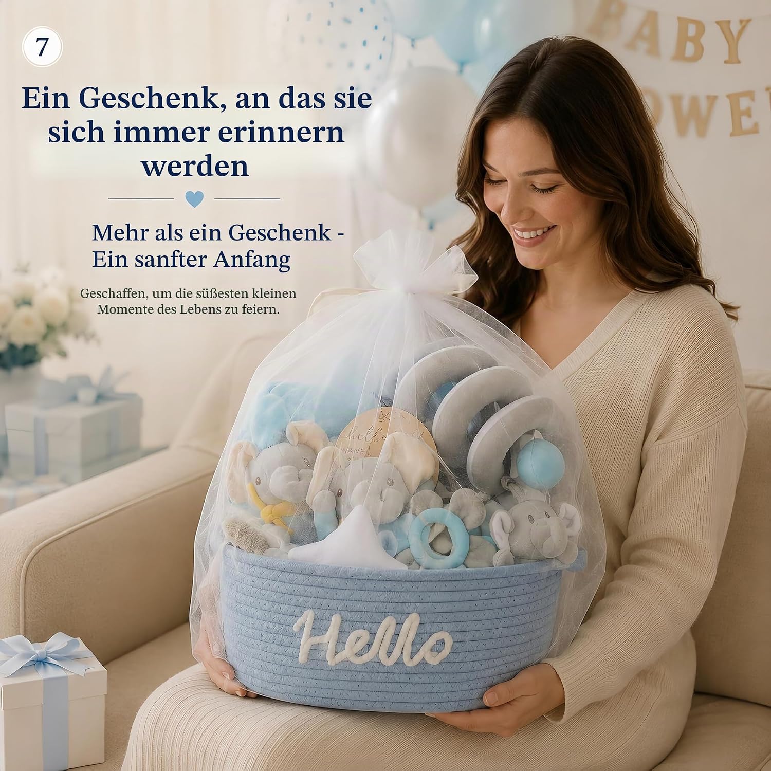 Baby Gift Boys for Birth, 11-Piece Newborn Gift for Boys with Hooded Towel, Rattle, Pram Toy and Storage Basket, Perfect Baby Shower Gift for Boys – Bild 3