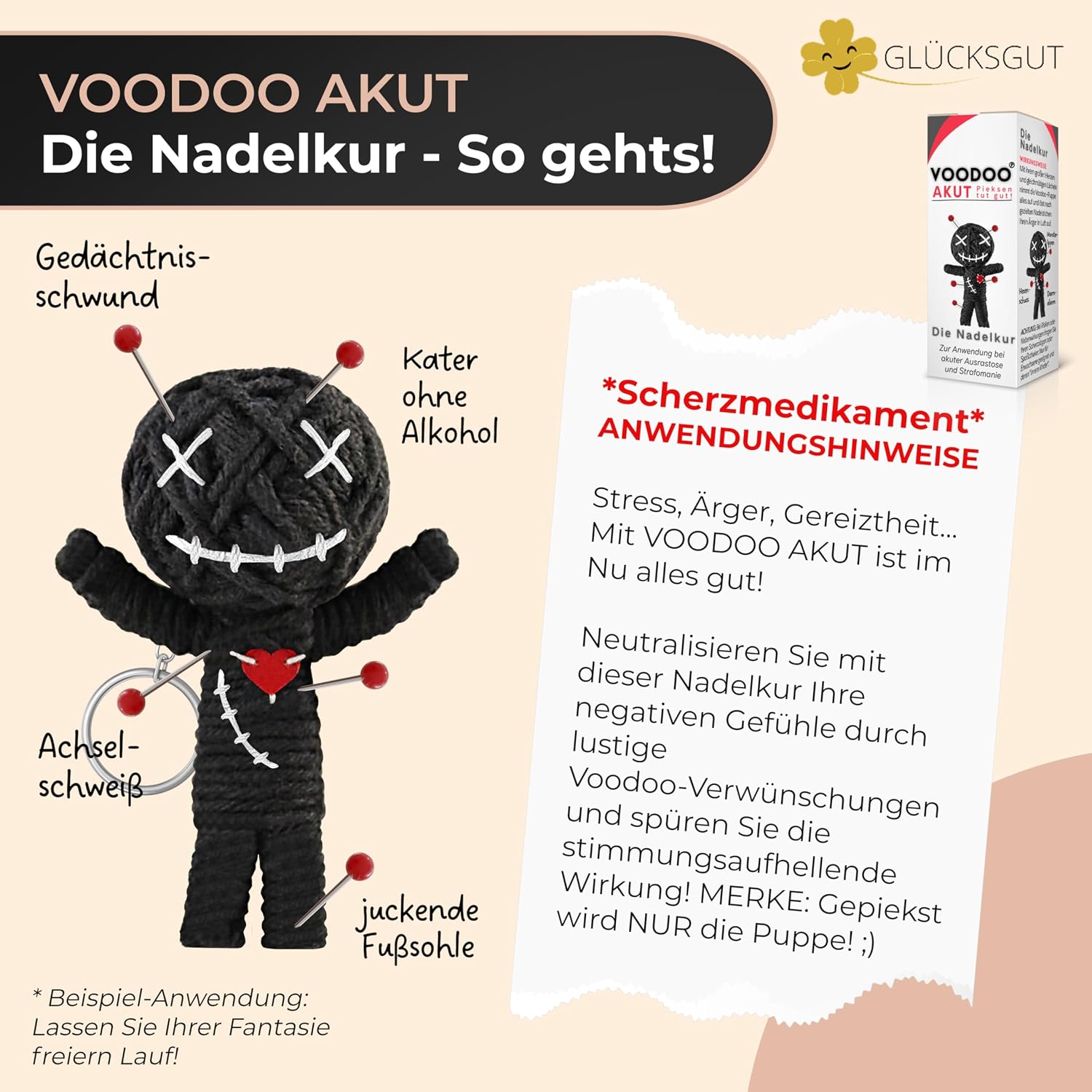 GLÜCKSGUT® Voodoo Doll with Needles | Pack of 3 | Gift Box & Instructions | Joke Medicine | Office Gift for Colleagues Coworker Boss | Anti Stress | Farewell | Office – Bild 3