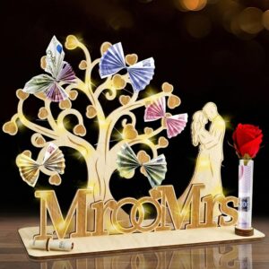 Money Gift Wedding Wooden with LED Fairy Lights, Wedding Gifts for Bride and Groom Money Packaging with Card, Heart-Shaped Romantic Gift for Wedding Anniversary Bride and Groom