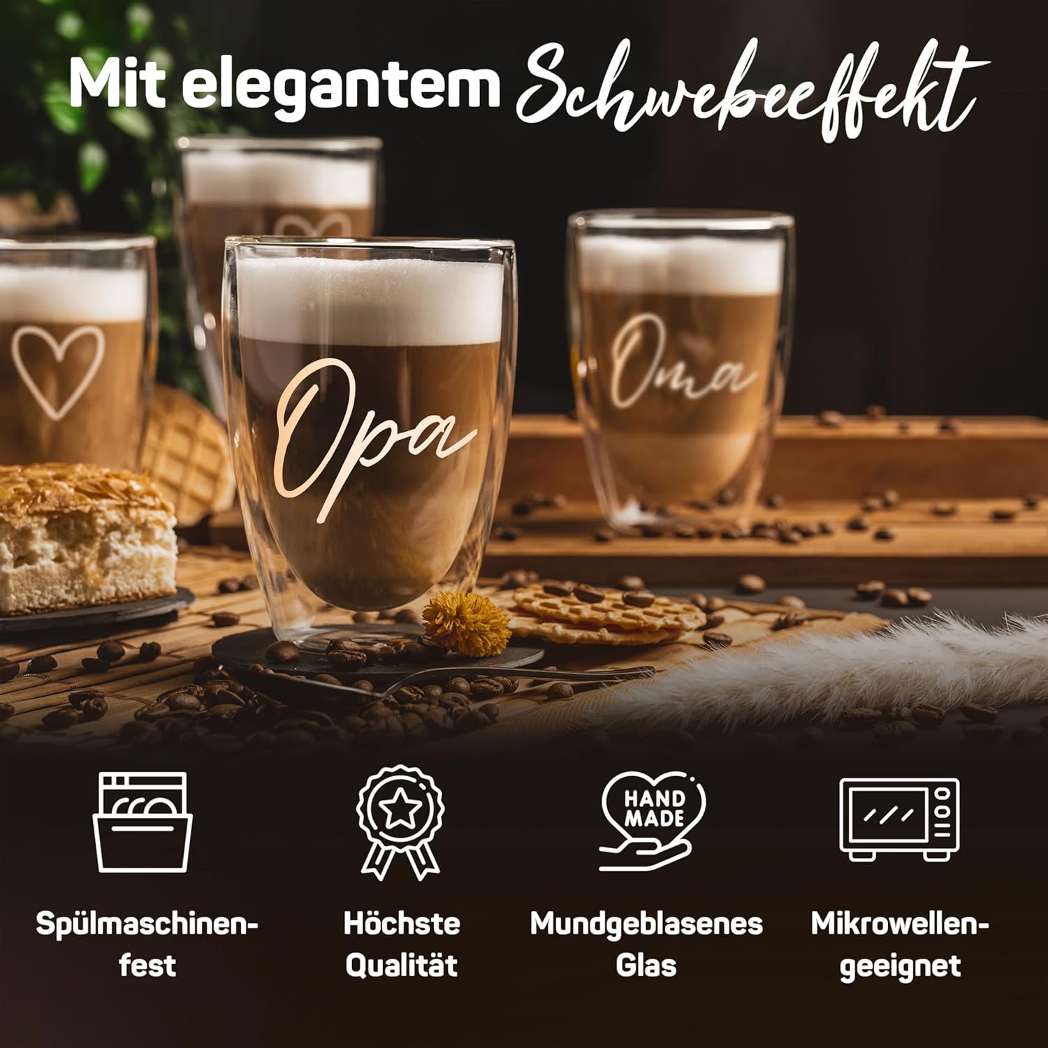 ElbFuchs® Double-Walled Latte Macchiato Glasses OMA and OPA, 2 x 350 ml Gift Idea, Ideal Coffee Glasses Double-Walled as a Gift for Grandma and Grandpa or Mum, Dad – Bild 7