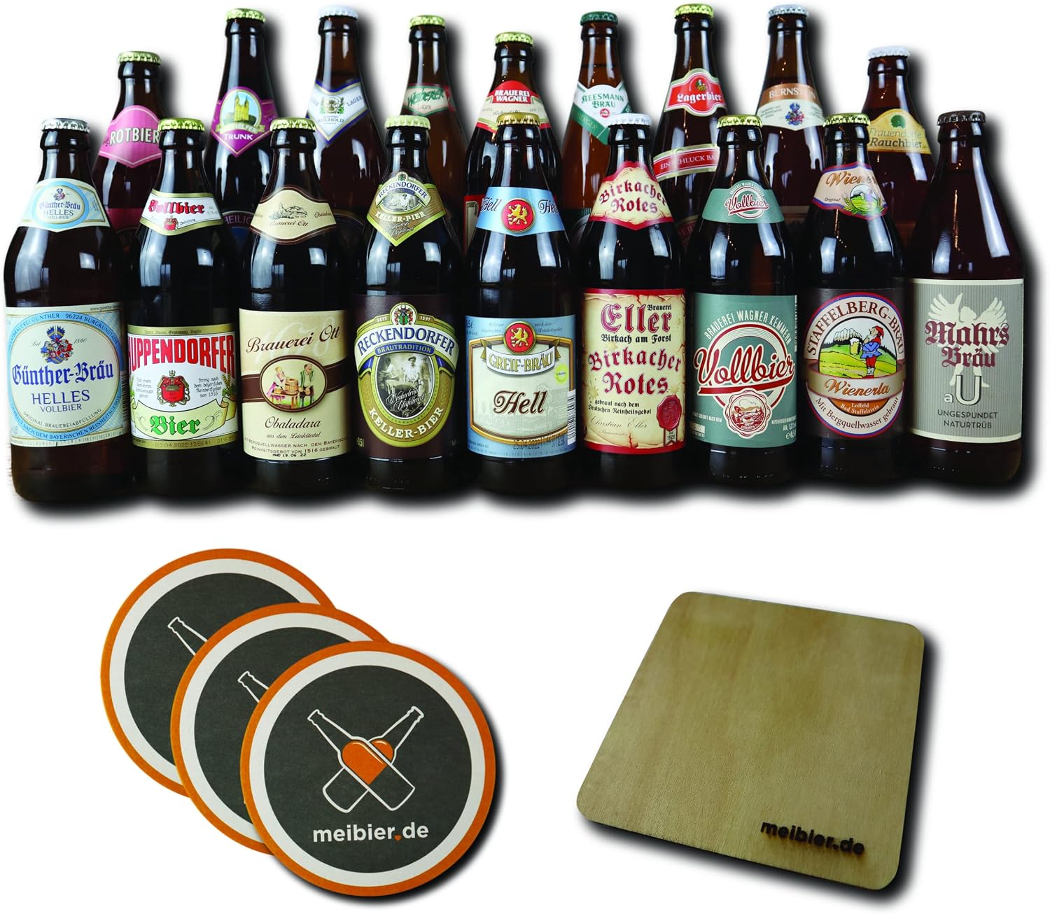 Meibier© Best of Franken Beer Box from Franken, 18 x 0.5 Litre Franconian Beer + Wooden Coaster + 3x Beer Felt, Great Beer Gift, Beer Box, Beer Pack