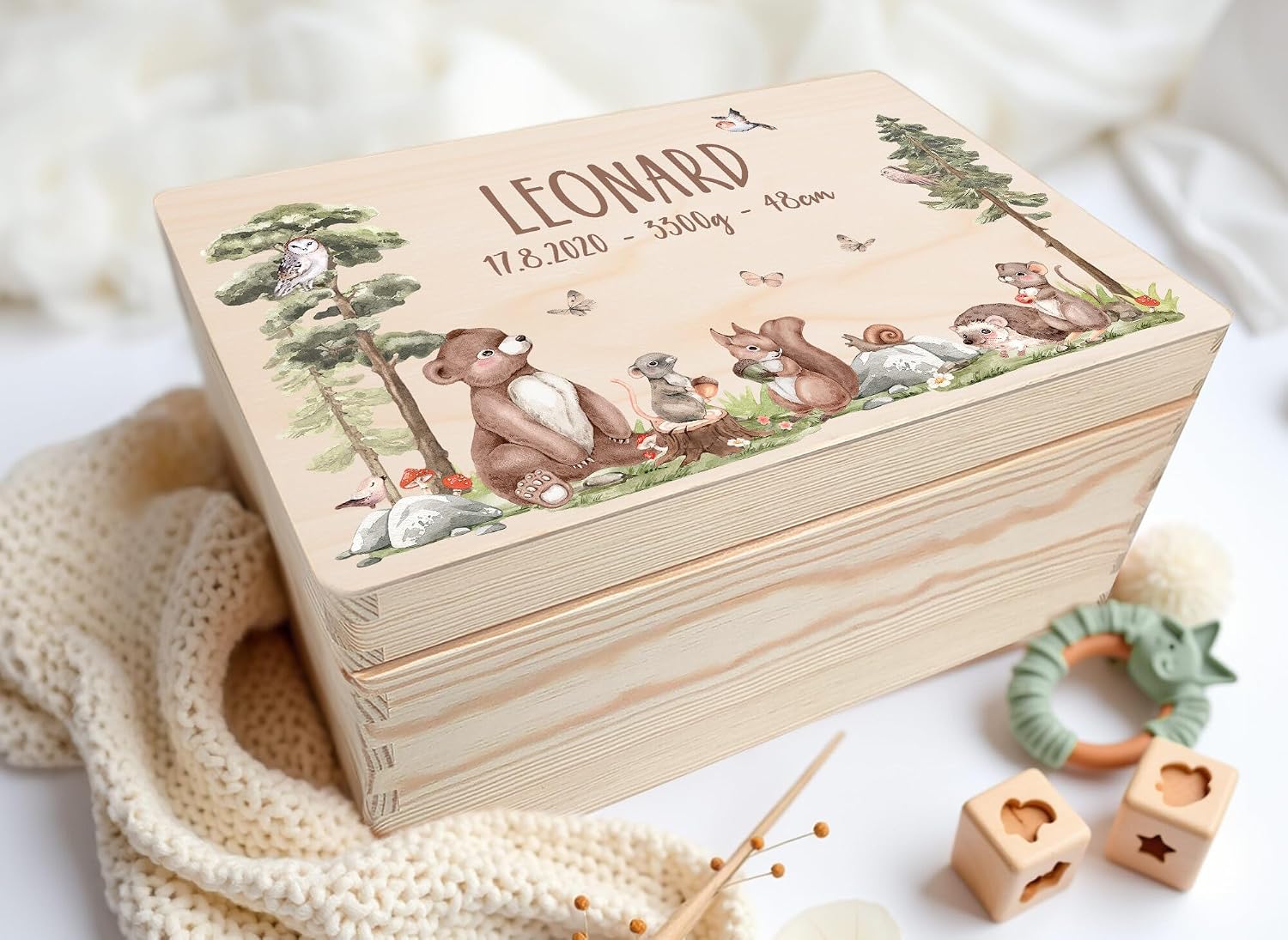 Little Deco Baby Keepsake Box, Personalised Forest Animals, 40 x 30 x 22 cm, Christening Gift, Wooden Box with Name, Gift for Birth for Boys and Girls, XHL1050-02 – Bild 3