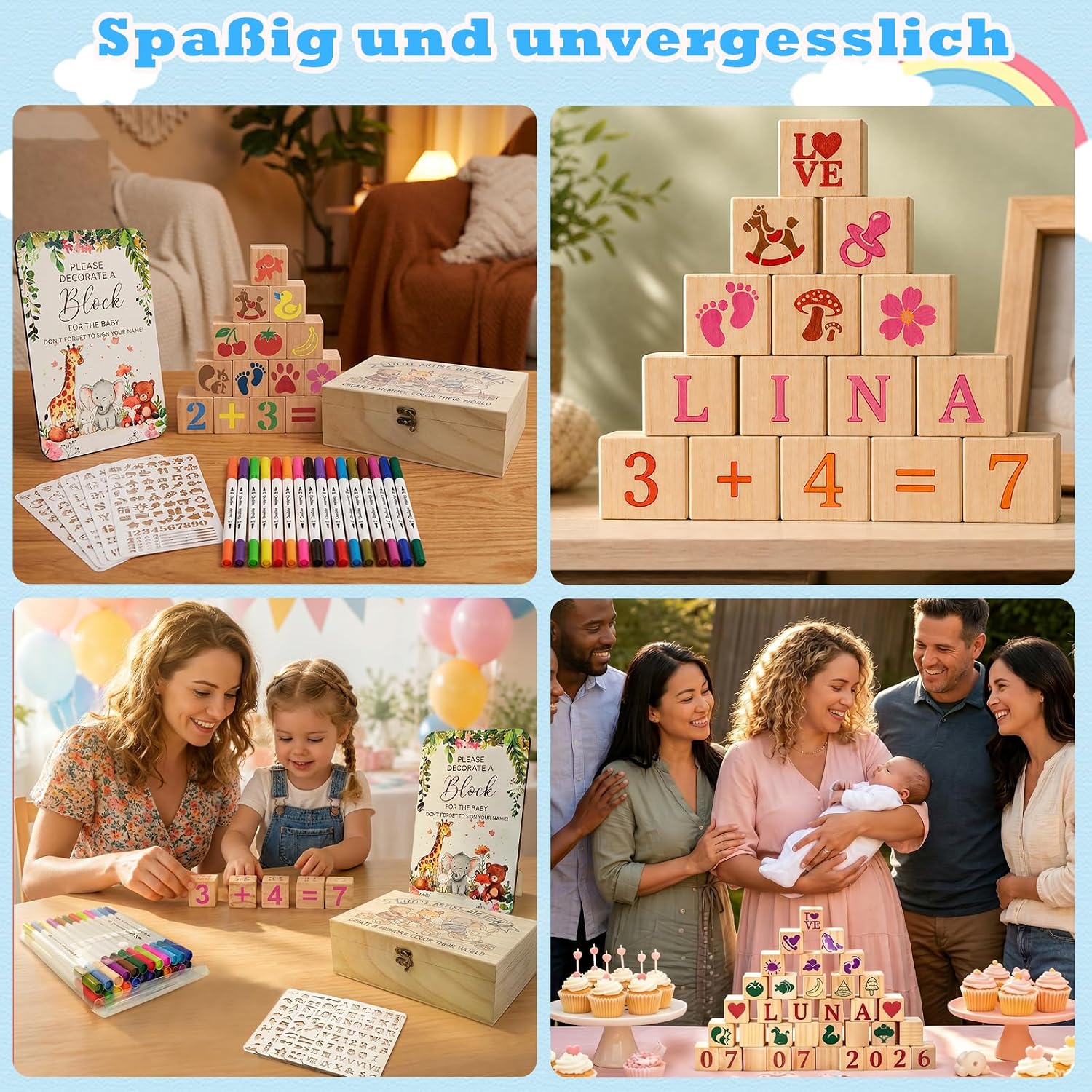 Baby Shower Games Set, 81-Piece Building Blocks Painting, Baby Shower Guest Book for Painting, Stacking, Building & Painting for Baby Shower & Gender Reveal, Wooden Cube Gift Idea for Boys & Girls – Bild 6
