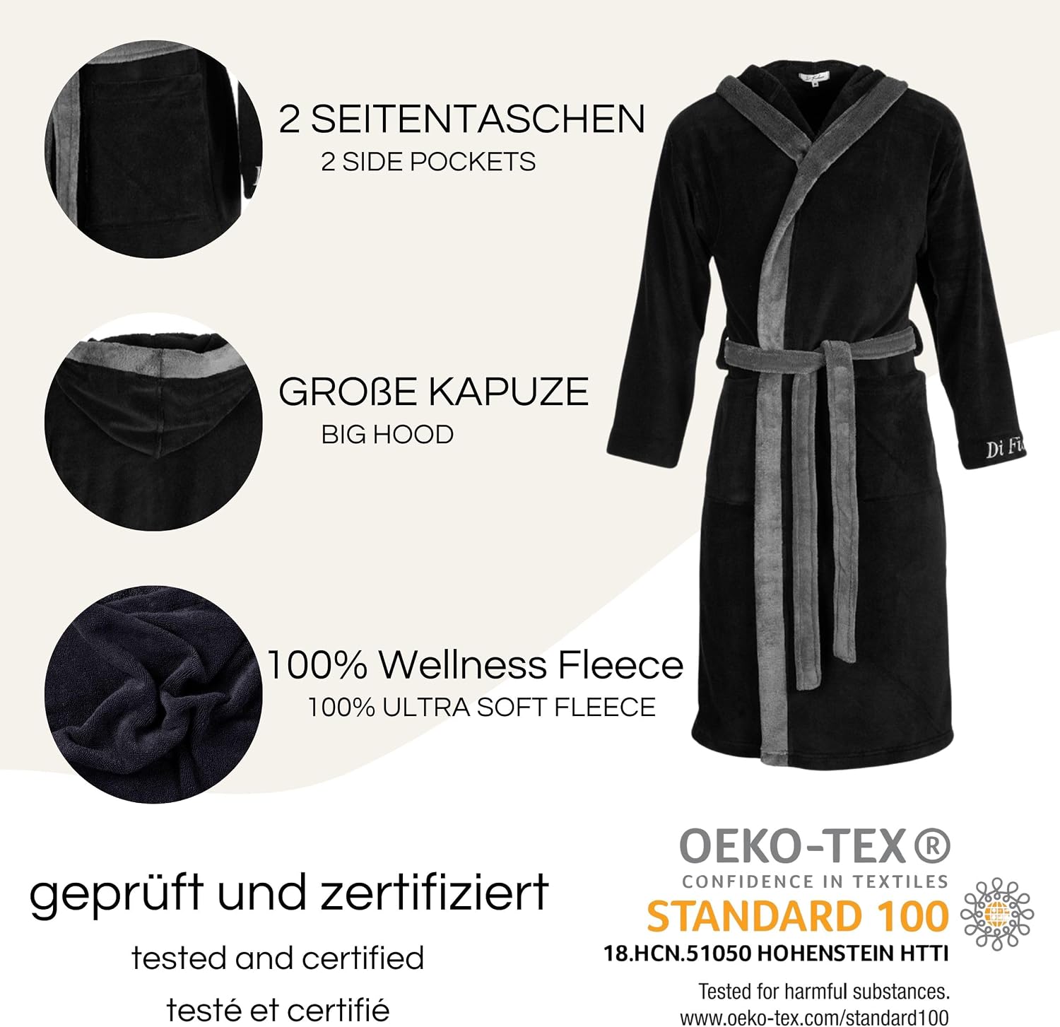 Di Ficchiano Monza Men's Bathrobe with Hood, Fluffy Dressing Gown, Sleepwear Made of Elegant Microfibre, Kimono with Choice of Colours and Sizes S–5XL, Bath Robe, Oeko-Tex Standard 100 – Bild 3