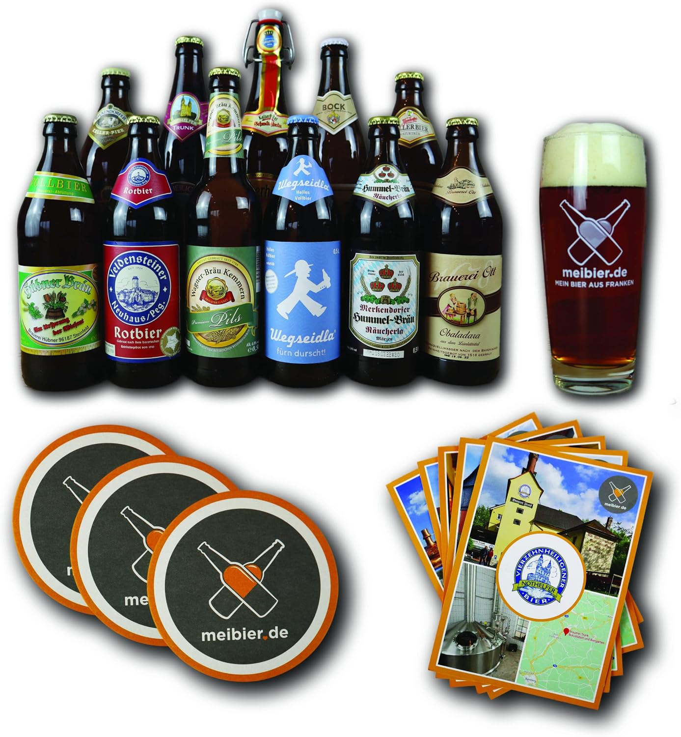 Meibier 11 Beer Box from Franconia #2 + Info Flyer, 11 x 0.5 Litre Franconian Beer + Meibier Willibecher + 3x Beer Felt, Great Beer Gift, Beer Box, Beer Pack