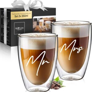 ElbFuchs Double-Walled Latte Macchiato Glasses Mr & Mrs 2 x 350 ml [Ideal as a Wedding Gift] Thermal Glasses for Cappuccino Coffee Glasses Tea Glasses