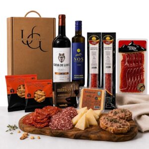 UNIVERSO GOURMET Exclusive Gourmet Gift Box | Red Wine PDO Rioja | Extra Virgin Olive Oil | Iberian Bellota Sausages | Gran Reserva Ham & Sheep Cheese | Perfect Gift Set | Gift Basket