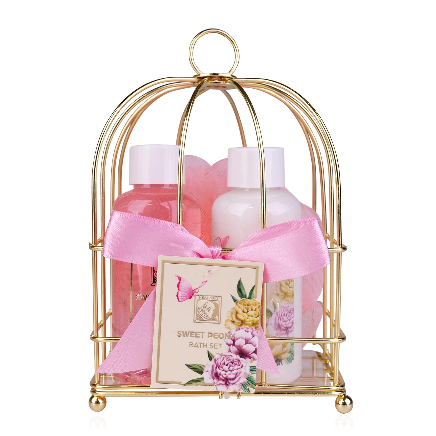 Accentra Sweet Peony Women's Shower Set in Beautiful Wire Basket - 3-Piece Care Set with Shower Gel, Body Lotion and Bath Sponge - Wellness Gift Set for Mother's Day and Valentine's Day
