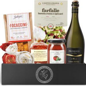 Gift Basket Filled with Italian Specialities – Gift Basket Filled with Prosecco DOC, Pasta, Sugo, Focaccine | Delicatessen Gift Set for Men & Women for Birthday, Wedding, Christmas
