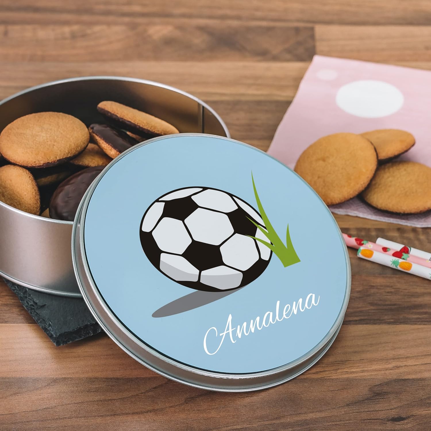 STEMPEL-FABRIK Round Gift Tin with Print – Football Motif – Personalised Gift – Biscuit Tin Blue – Metal Tin – Gift Idea – Cookie Tin – Gift Box – Storage Box – Bild 5