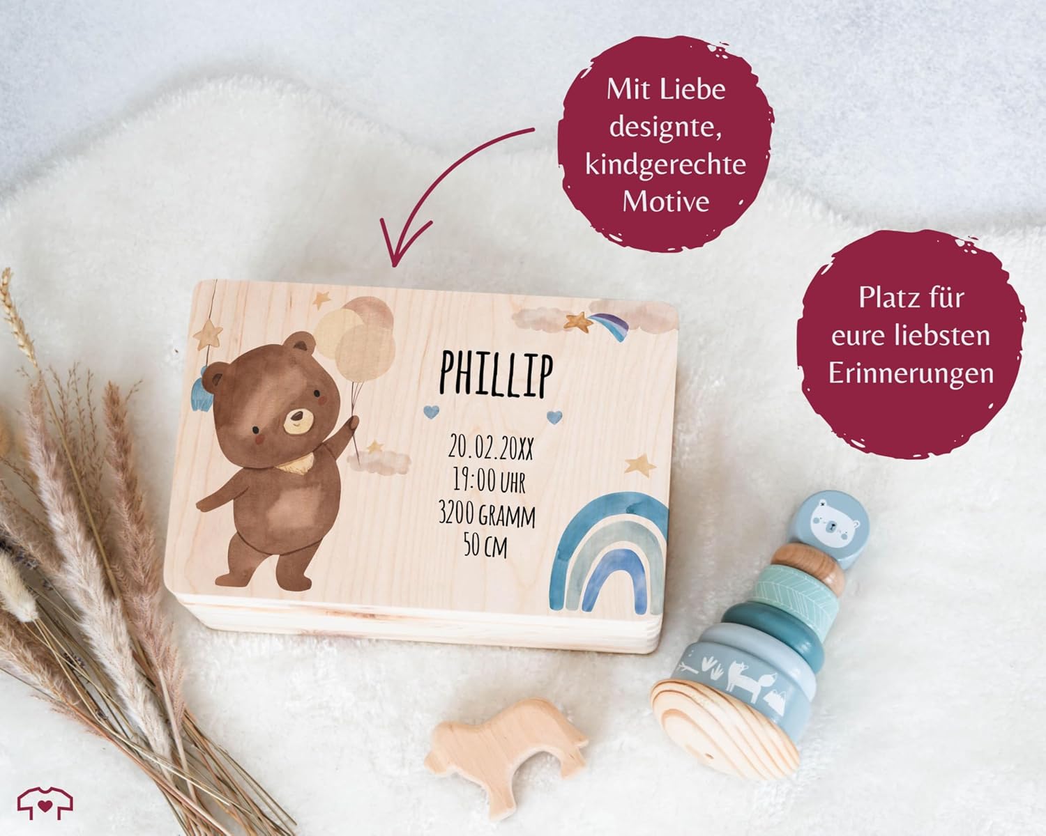 Shirtracer Baby Keepsake Box Personalised Bear and Rainbow – Bild 6
