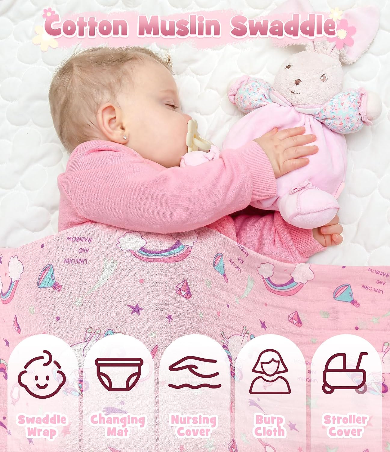 Baby Gift Boys Girls Newborn Gifts for Birth with Comforter Blanket / Baby Romper / Socks / Muslin Blanket / Rattle Nappy Cake Gift Box Baby Shower Party Gender Reveal Gift (Pink) – Bild 3