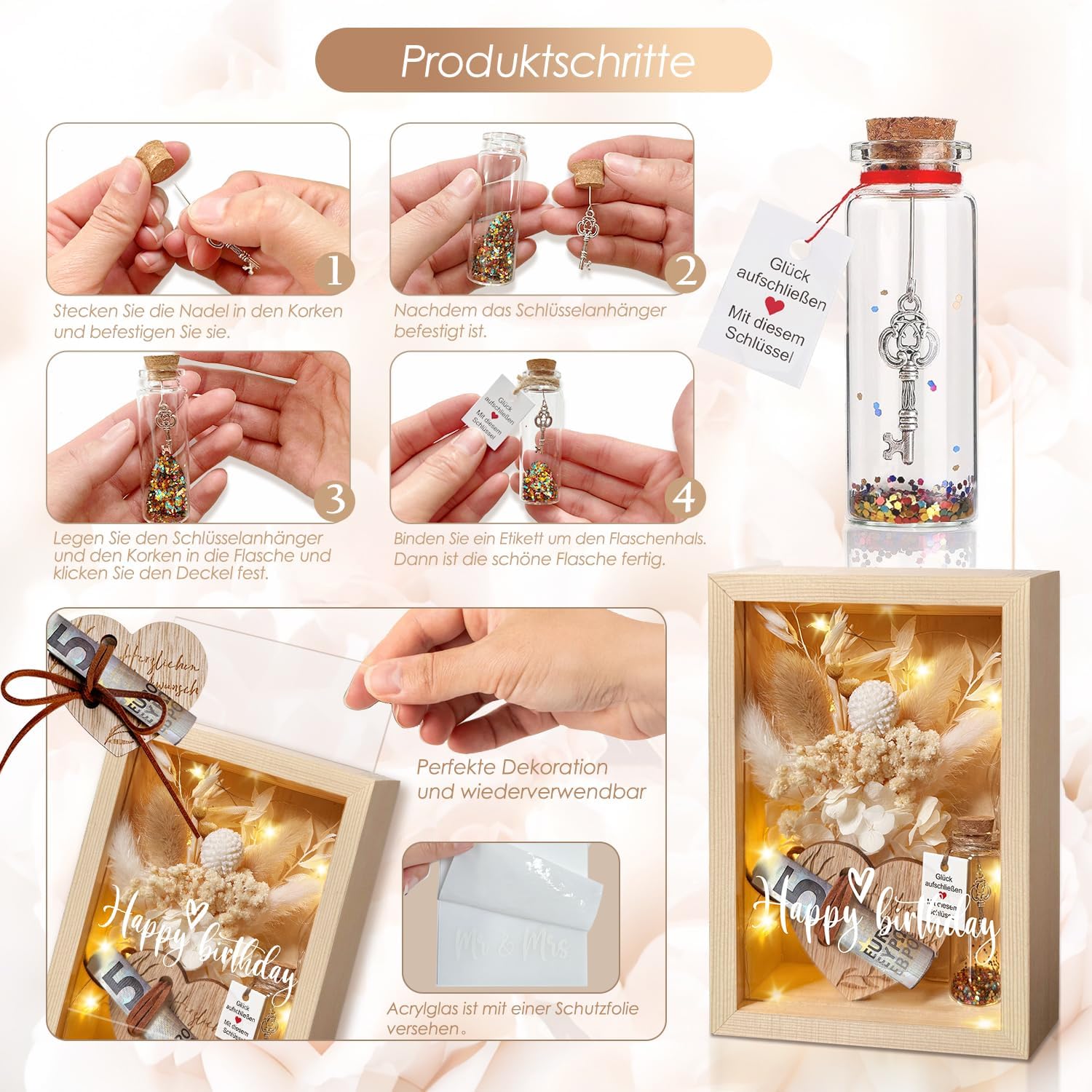 Wedding Gifts for Newlyweds, Money Gifts, Wedding, Love, Romantic Gift for Her, Includes Eternal Flowers, Wooden Box, Plastic Test Tube, Fairy Lights, Key Gift Box – Bild 4