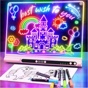 Geokay LED Drawing Board for Children, Rechargeable LED Painting Board 41 cm, 9 Light Modes with Timer & Stand, LED Drawing Board for Girls & Boys, 8 Pens & Template Book, Pink
