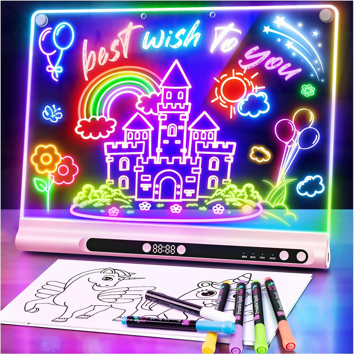 Geokay LED Drawing Board for Children, Rechargeable LED Painting Board 41 cm, 9 Light Modes with Timer & Stand, LED Drawing Board for Girls & Boys, 8 Pens & Template Book, Pink