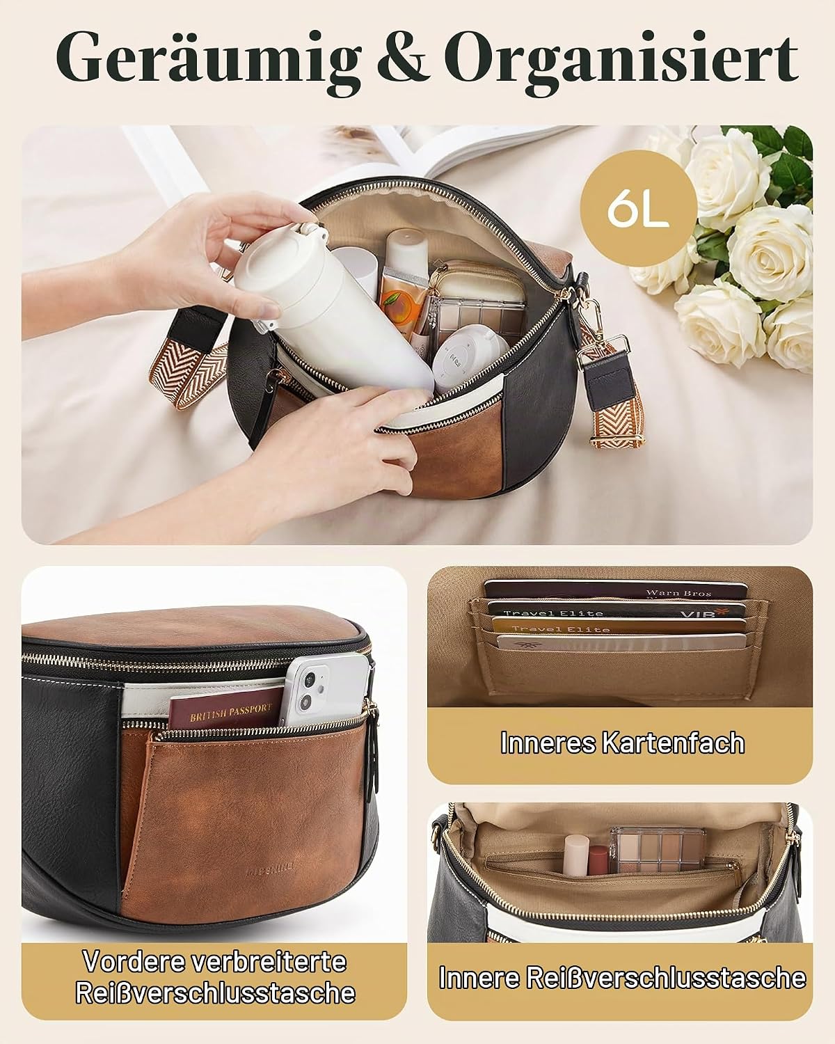 Missnine Leather Bum Bag Women's Shoulder Bag Large with Headphones Bag, Brown / Beige, Retro – Bild 4
