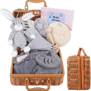 Gift Basket for Newborns: 9-in-1 Gift Set Birth, Shower Gift with Triangular Cloths, Baskets, Birth Cards, Greeting Cards, Socks, Plush Toys, Clothes, Blankets, Wooden Rattle