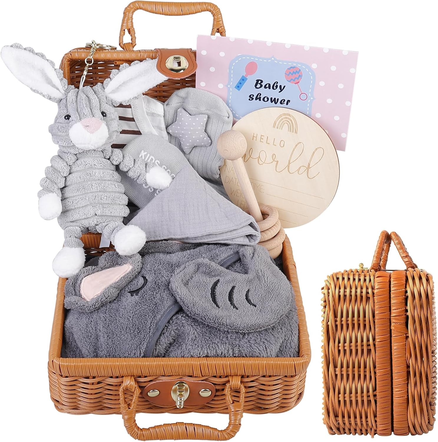 Gift Basket for Newborns: 9-in-1 Gift Set Birth, Shower Gift with Triangular Cloths, Baskets, Birth Cards, Greeting Cards, Socks, Plush Toys, Clothes, Blankets, Wooden Rattle
