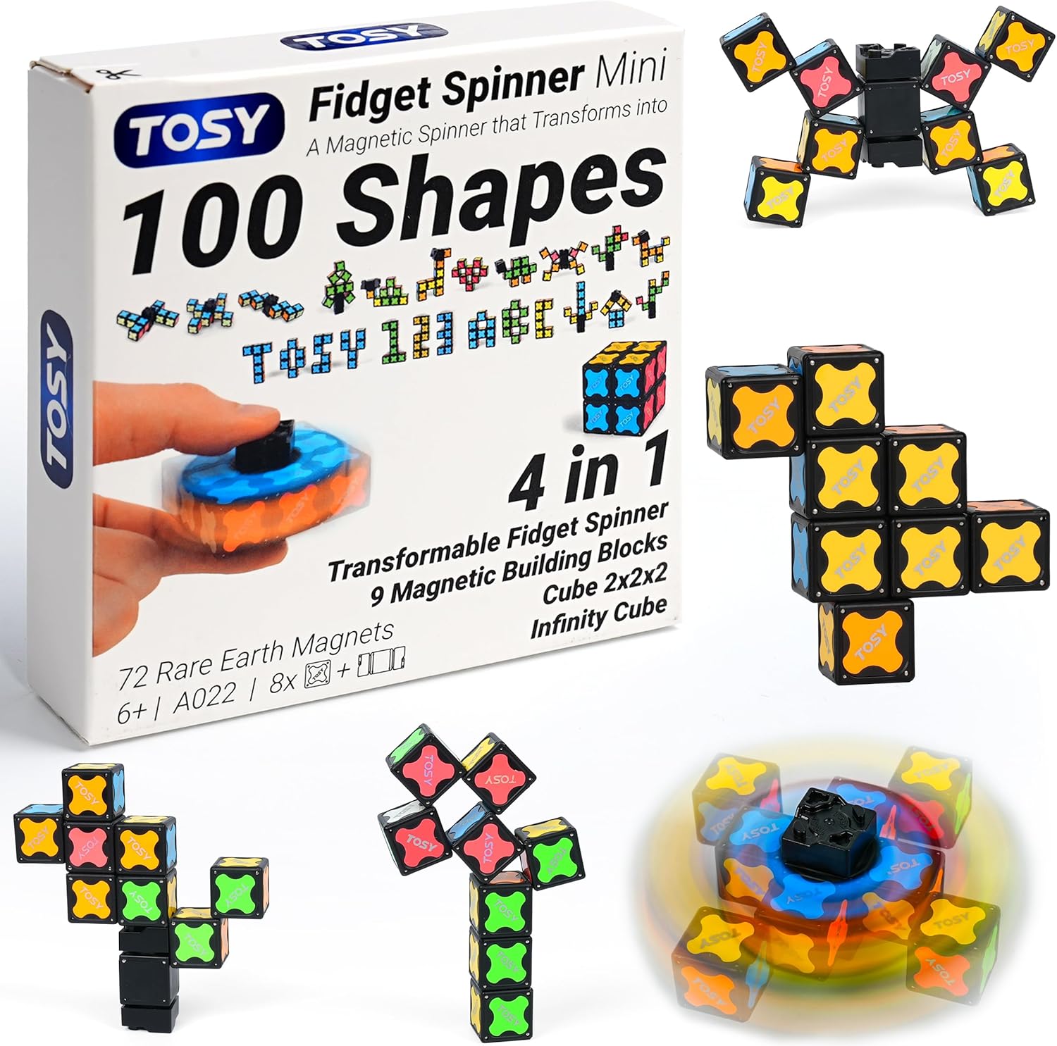 TOSY Magnetic Fidget Spinner Mini - 8 Building Blocks, 3-in-1: Convertible Fidget Spinner, Infinity Cube, 2x2 Puzzle Cube, Anti-Stress, STEM Sensor Magnetic Toy