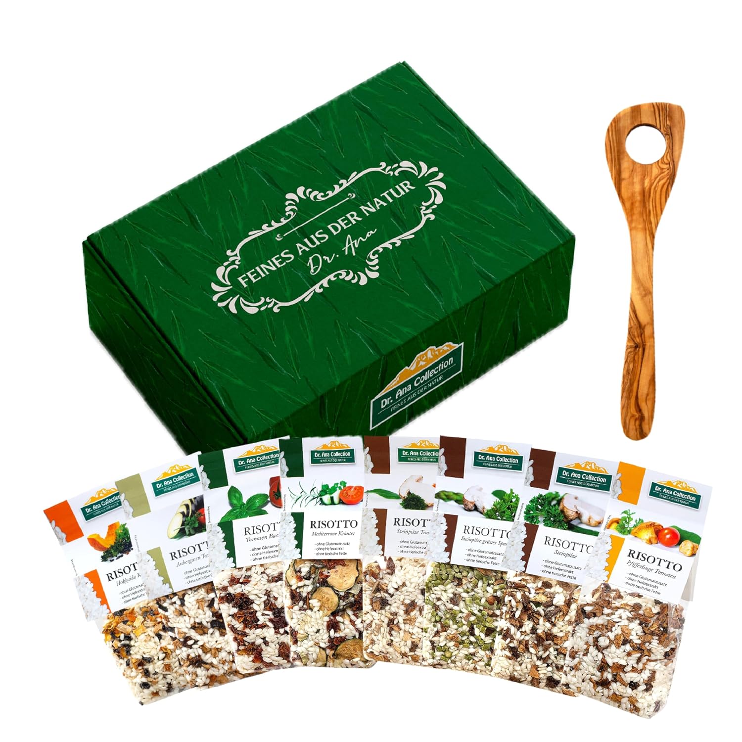 Dr. Ana Collection 8 vegan risottos including risotto spoon made of olive wood, delicatessen gift set, gift basket filled with fine from nature, Italian speciality